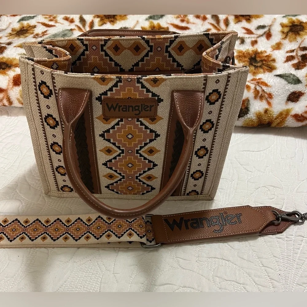 Wrangler Tan and Brown Geometric Tote - Picture 1 of 5